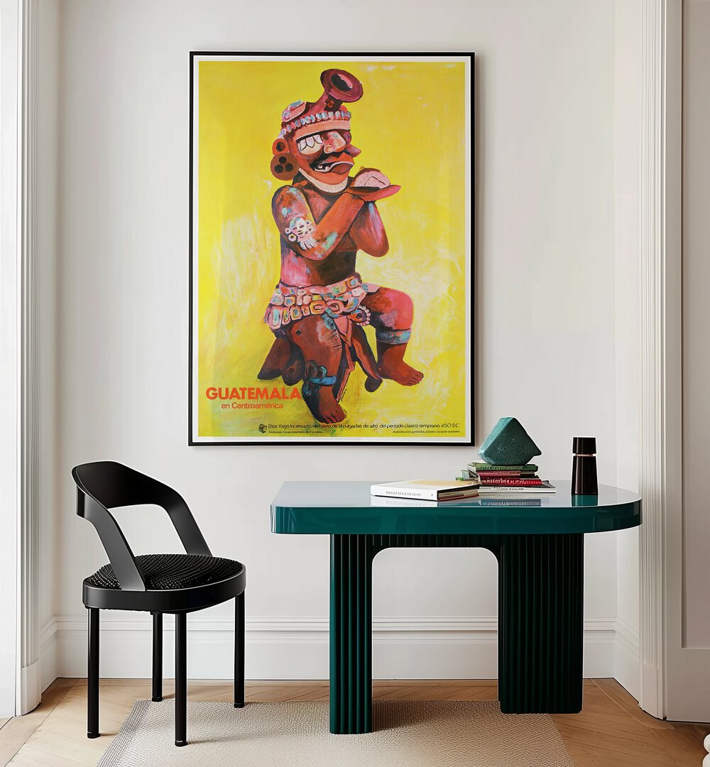 Colorful GUATEMALA, VINTAGE TRAVEL POSTERS adorn a stylish room, showcasing vibrant culture and artistic charm.