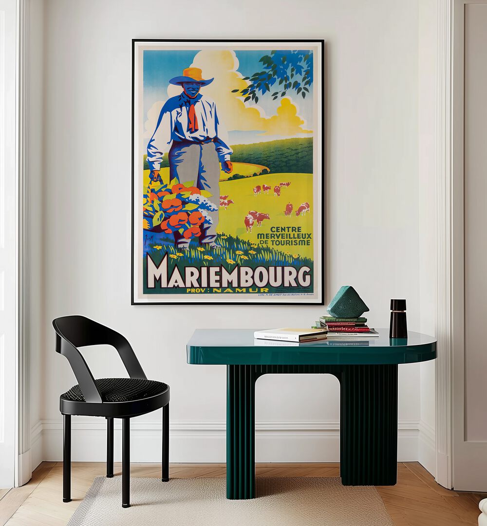 Mariembourg Vintage Travel Posters adorn a stylish room, showcasing the charm of timeless adventure.