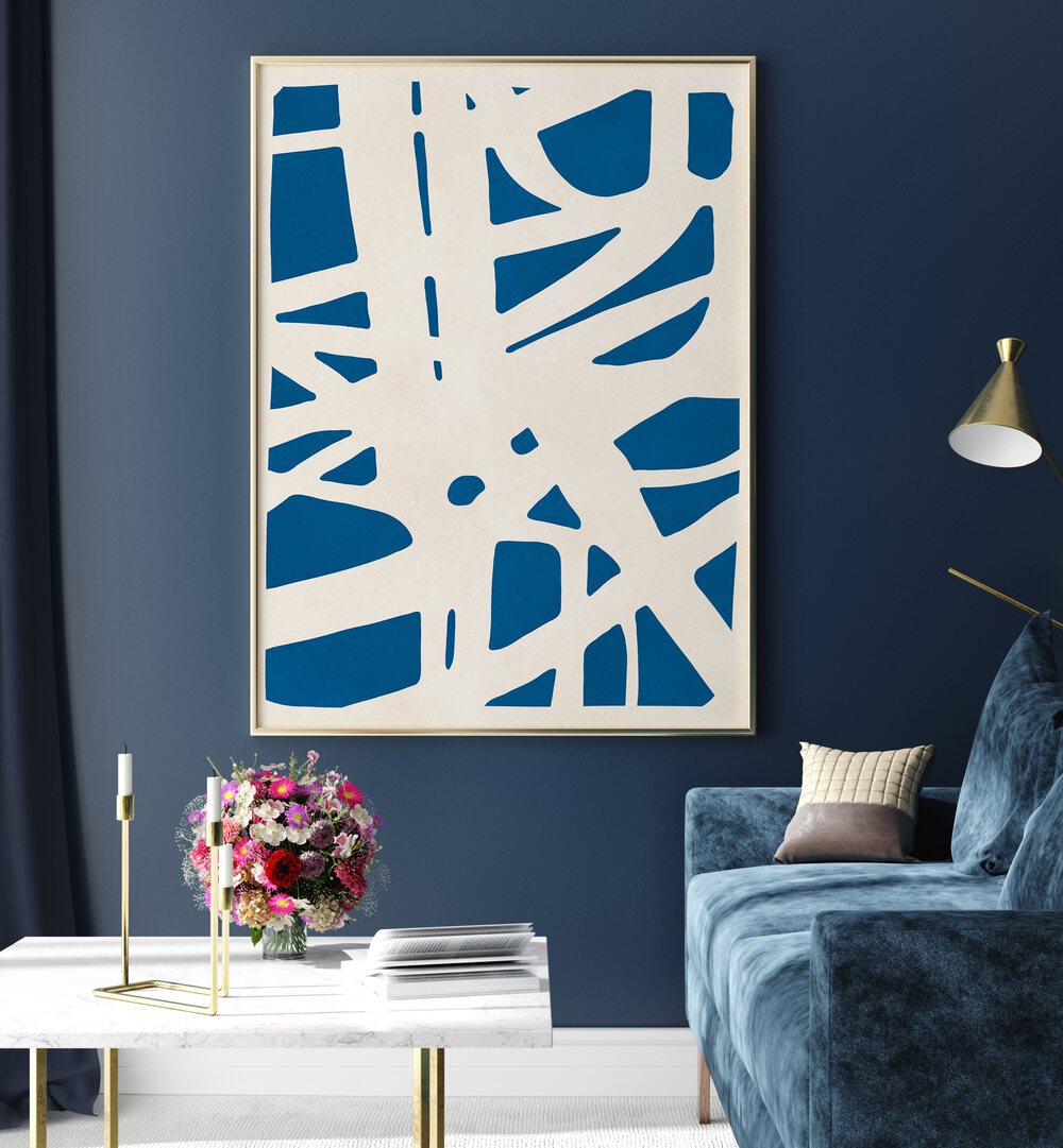 Vibrant blue and white design of EXPRESSIVE LINES VII, ABSTRACT PAINTINGS enhances modern decor in any space.