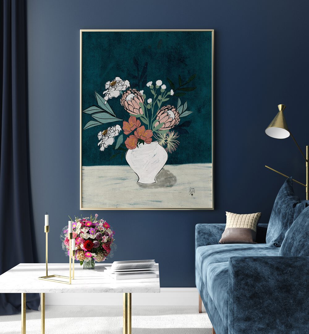 Stunning MOODY FLORAL I floral flower paintings adorn a stylish living room, enhancing your home decor beautifully.