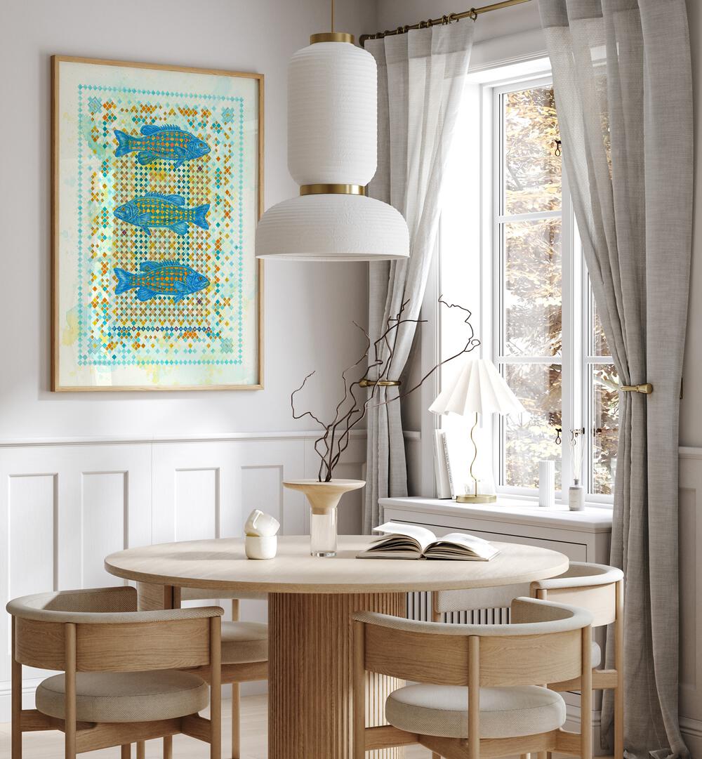 Vibrant FISH LIKE YOU AND ME II, ANIMAL PAINTINGS adorns a stylish dining space, enhancing modern decor.