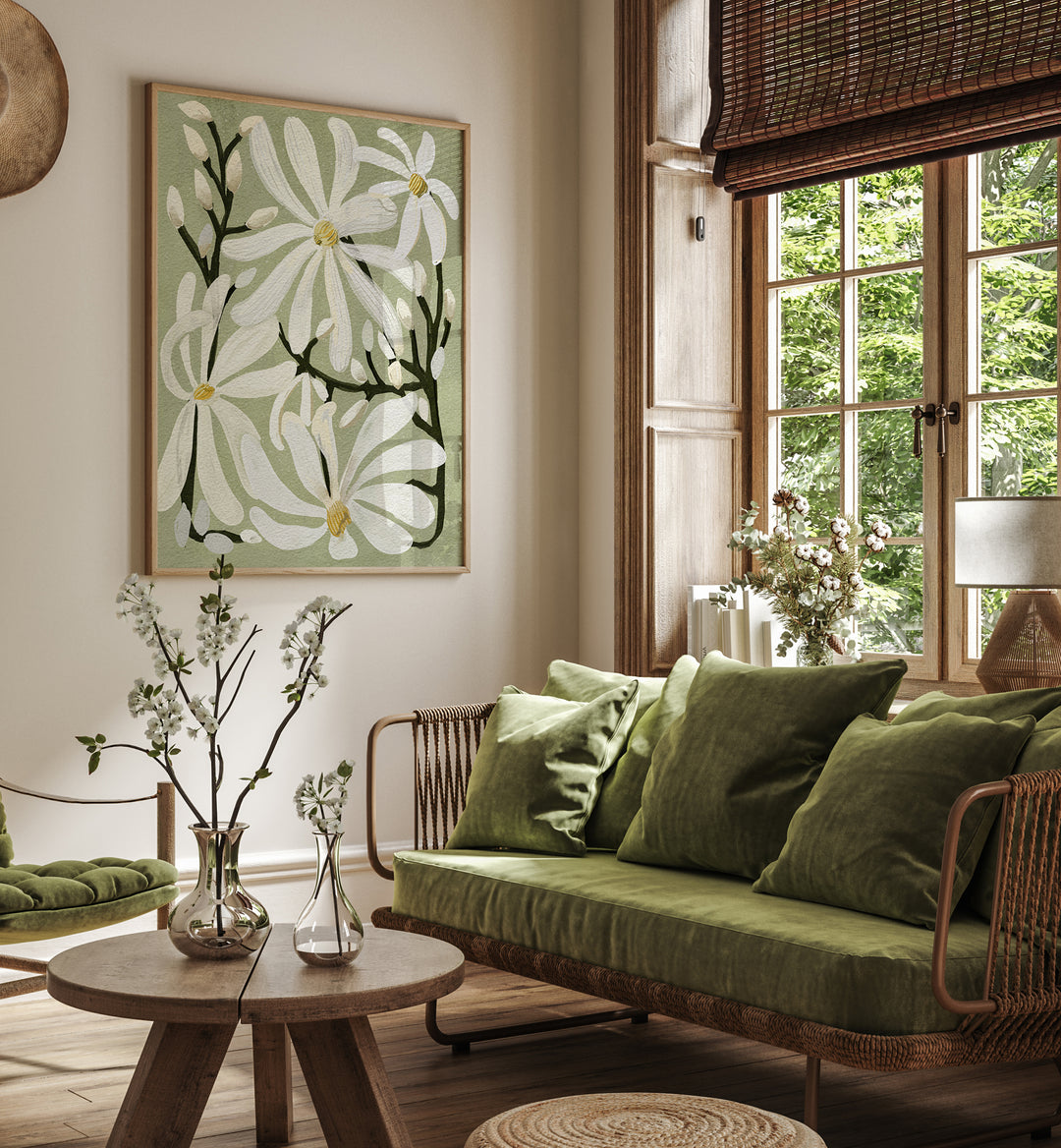 Stylish living room featuring STAR MAGNOLI, FLORAL FLOWER PAINTINGS, enhancing natural beauty in home décor.