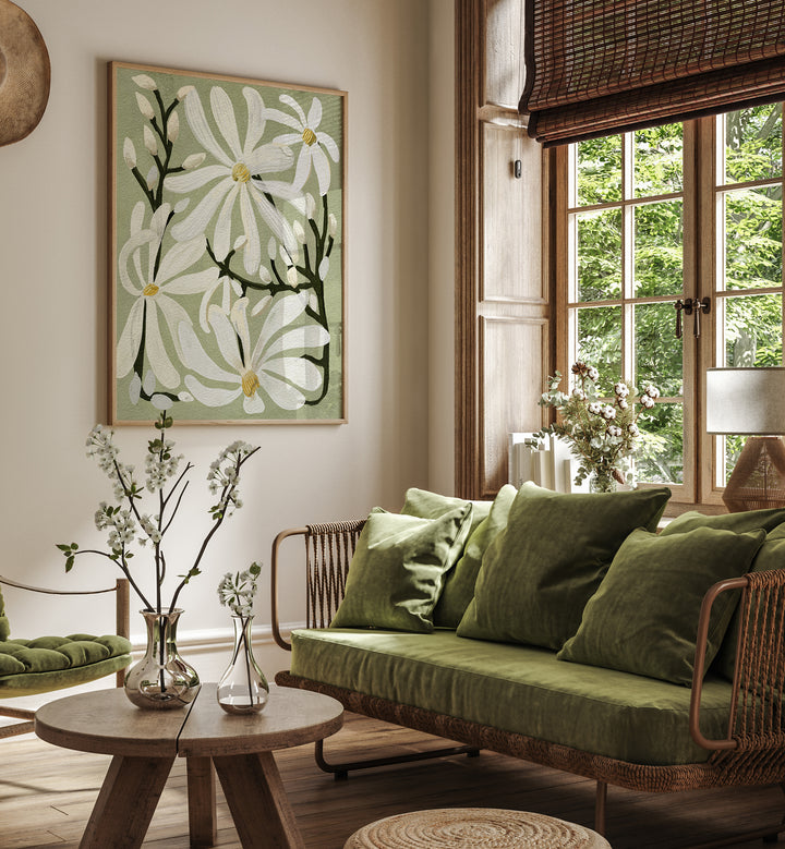 Stylish living room featuring STAR MAGNOLI, FLORAL FLOWER PAINTINGS, enhancing natural beauty in home décor.