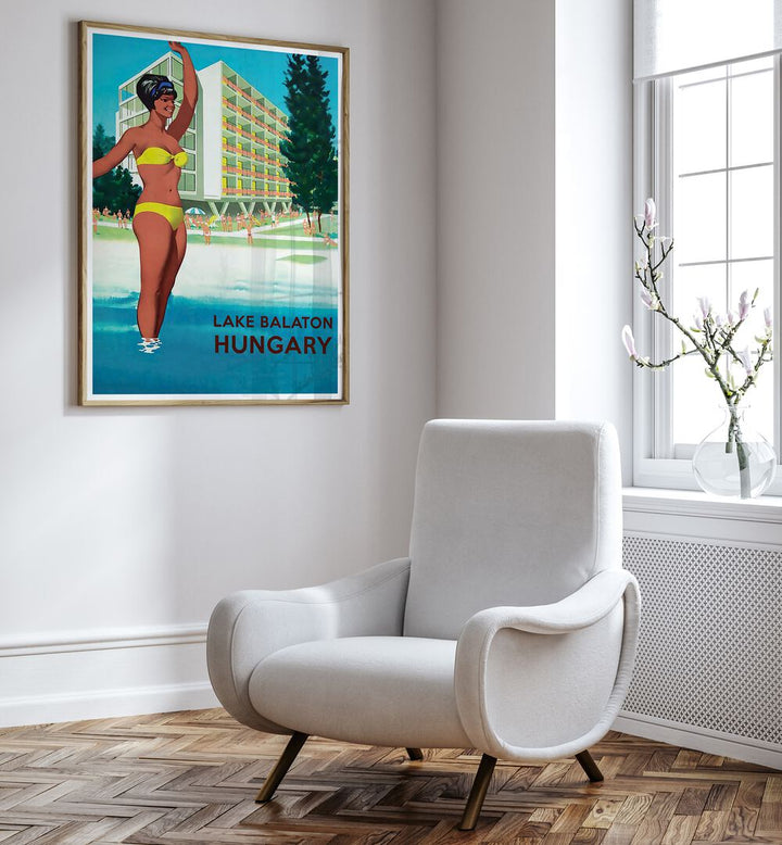 Vintage travel poster showcasing Lake Balaton, Hungary, perfect for decor lovers seeking HUNGARY, VINTAGE TRAVEL POSTERS.