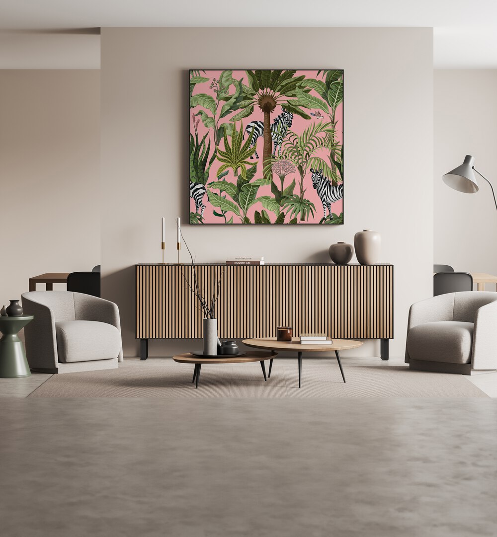 Colorful ROAMING WITH ZEBRAS, ANIMAL PAINTINGS adorn a modern living space, showcasing vibrant nature and wildlife art.