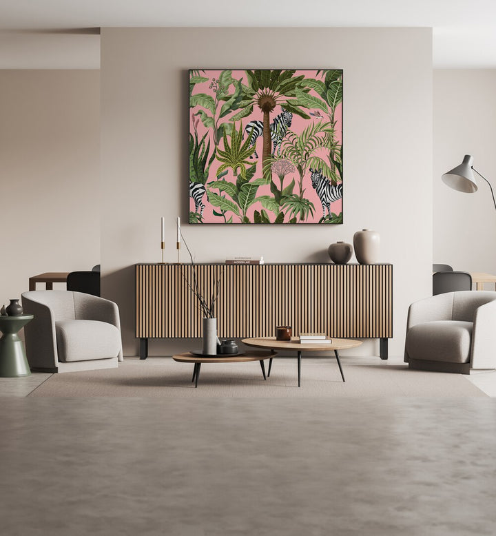 Colorful ROAMING WITH ZEBRAS, ANIMAL PAINTINGS adorn a modern living space, showcasing vibrant nature and wildlife art.