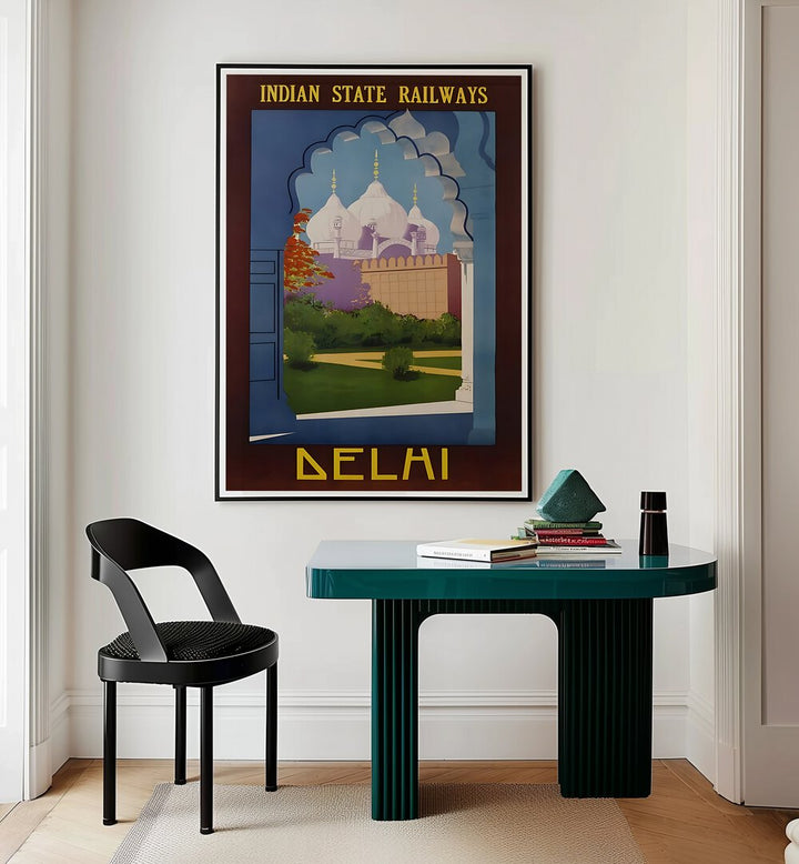 Stylish Indian Railways Vintage Travel Posters featuring iconic Delhi architecture, perfect for home decor.