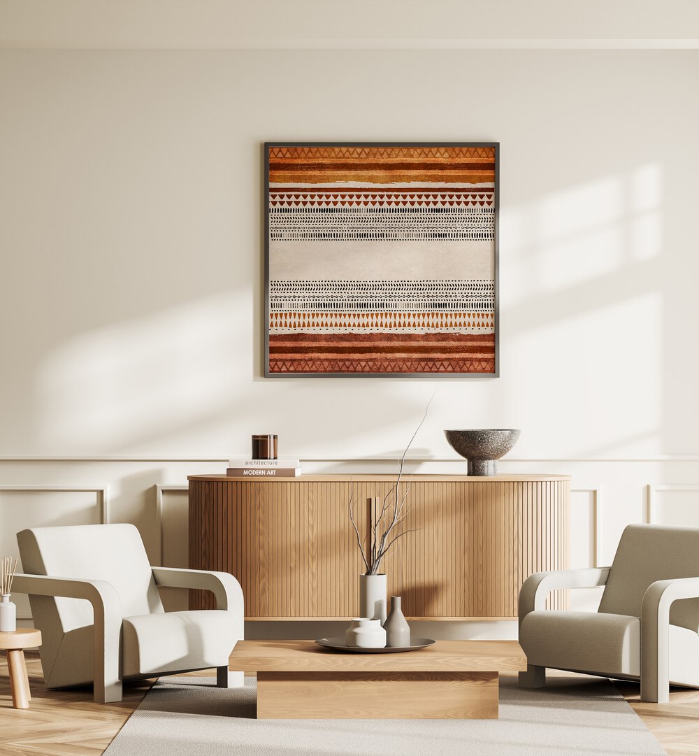 Stylish living room featuring IKILI, BOHO ART PAINTINGS by Emel Tunaboylu, enhancing elegance and inspiration.