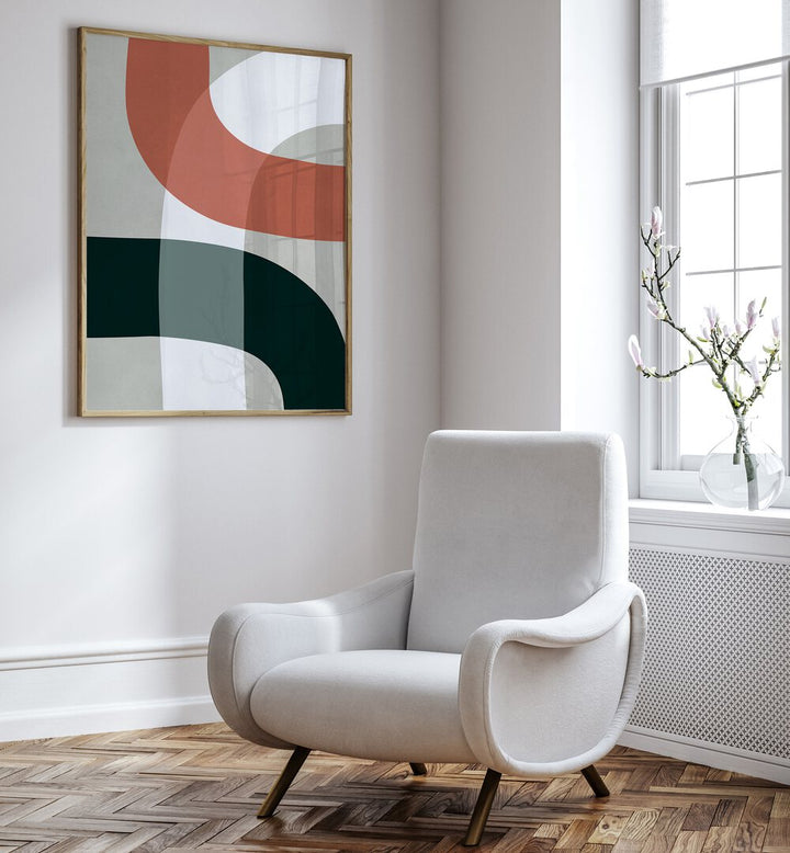 Stylish living room featuring UNDULATING CURVES XI, GEOMETRIC ART PRINTS, enhancing modern decor with captivating design.