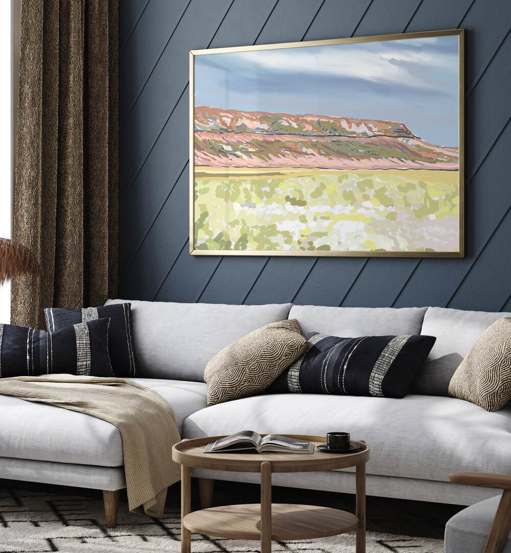 Bright and inviting living room showcasing MEMORIES IN BLOOM, LANDSCAPE PAINTINGS, perfect for transforming your space.