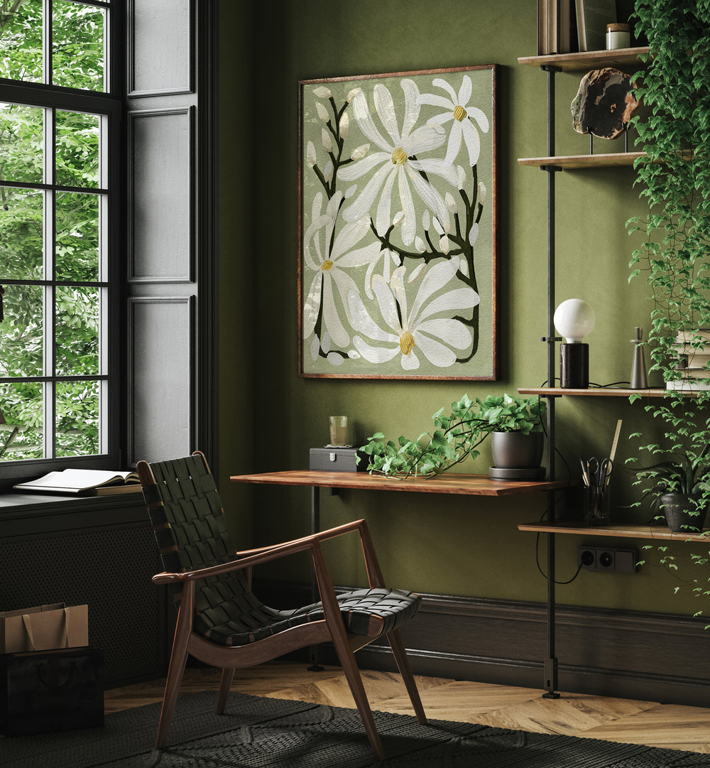 Elegant STAR MAGNOLI, FLORAL FLOWER PAINTINGS adorn a cozy room, enhancing your home with nature's beauty.