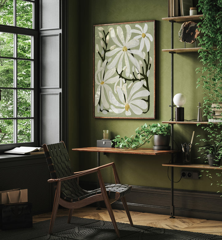 Elegant STAR MAGNOLI, FLORAL FLOWER PAINTINGS adorn a cozy room, enhancing your home with nature's beauty.