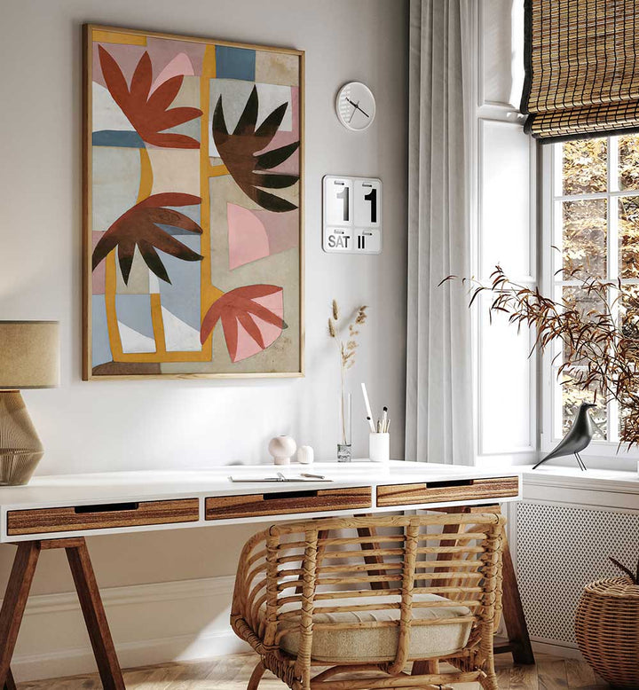 FLOWER SAFARI floral flower paintings brighten modern workspace with abstract blooming leaves in warm earthy tones.