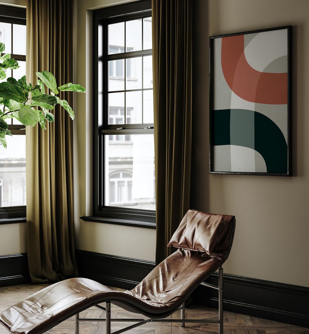 Stylish interior featuring UNDULATING CURVES XI, GEOMETRIC ART PRINTS, enhancing modern decor with captivating colors.