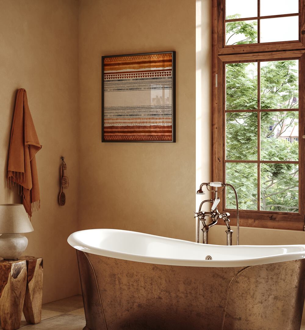 IKILI, BOHO ART PAINTINGS enhance a serene bathroom with elegant design by Emel Tunaboylu on premium canvas.