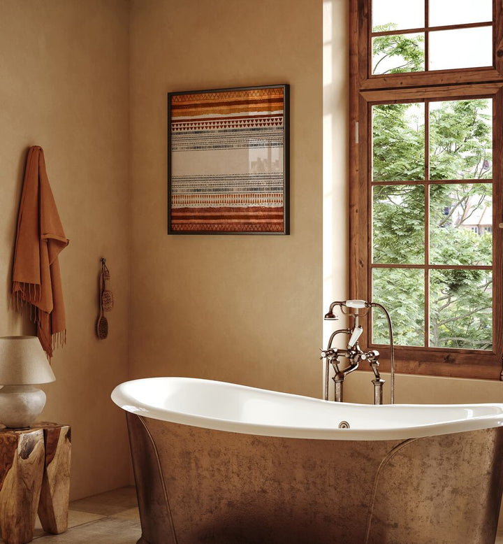 IKILI, BOHO ART PAINTINGS enhance a serene bathroom with elegant design by Emel Tunaboylu on premium canvas.