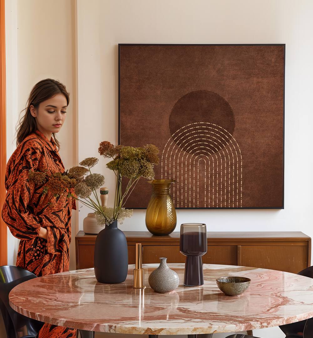 Stylish interior featuring RAINBOW GATE DOTS, BOHO ART PAINTINGS by Emel Tunaboylu, enhancing the space beautifully.