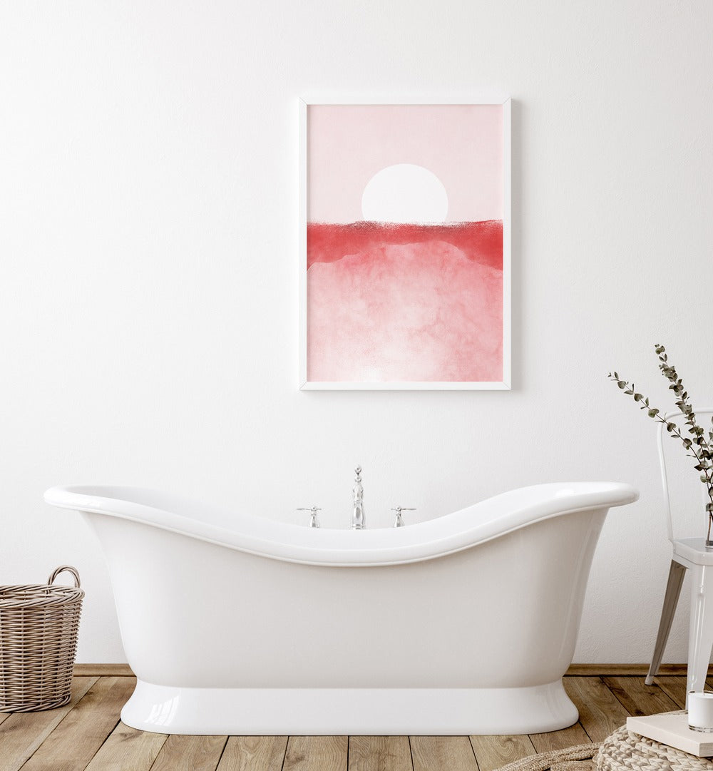 Elegant MINIMAL LANDSCAPE PINK I artwork in a cozy bathroom, showcasing soft hues perfect for tranquil spaces. LANDSCAPE PAINTINGS.