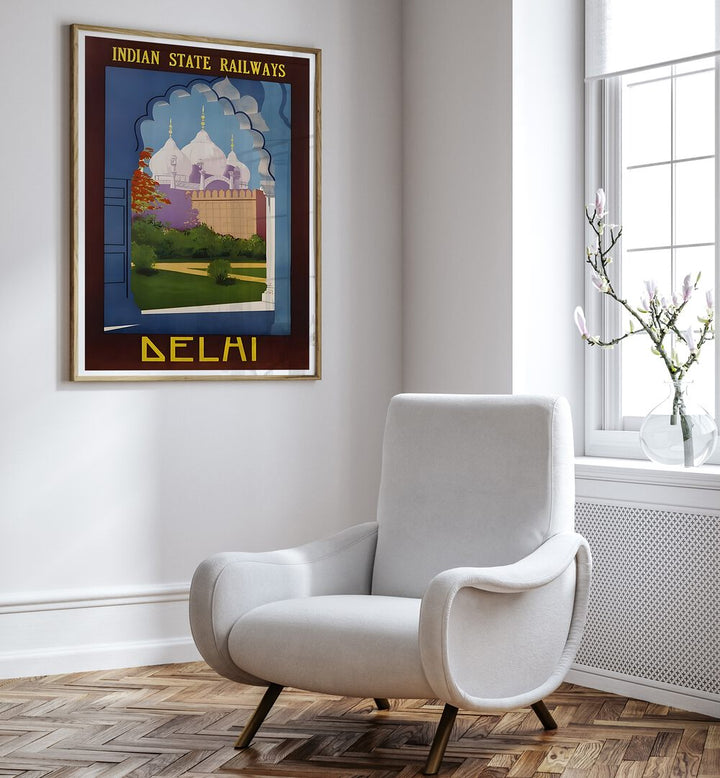 Framed INDIAN RAILWAYS, VINTAGE TRAVEL POSTERS showcasing Delhi's heritage, perfect for nostalgic decor.