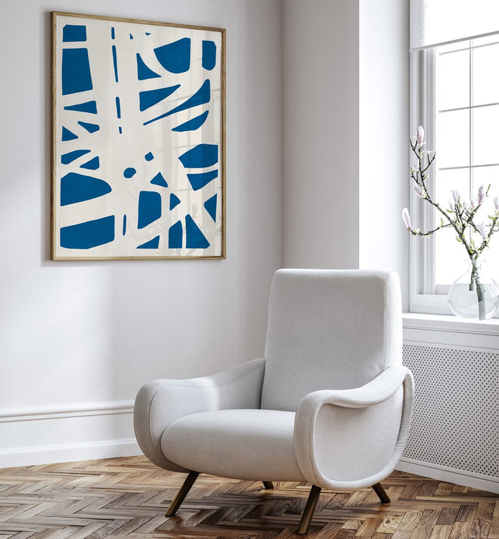 Bright blue shapes on a white canvas showcase EXPRESSIVE LINES VII, ABSTRACT PAINTINGS, enhancing any modern decor.