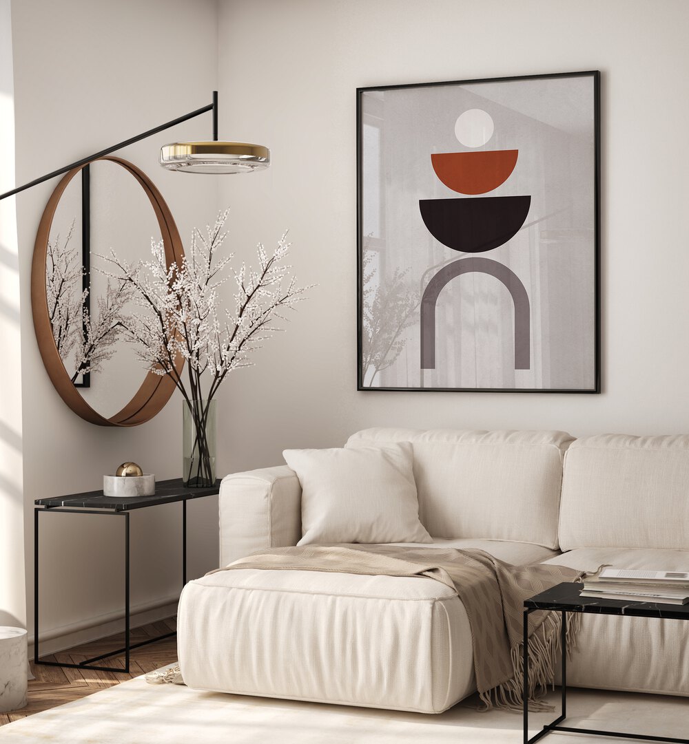 Stylish living room featuring LINES AND CIRCLES XVII, BOHO ART PAINTINGS, enhancing modern decor with elegance.