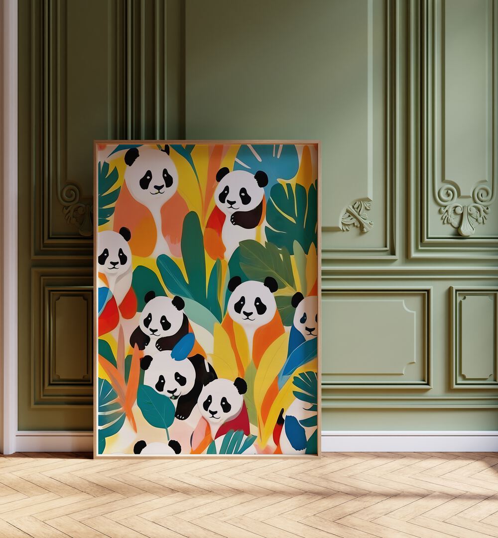 PANDAS A TROPICAL, KIDS ROOM PAINTINGS by Uma Gokhale brings vibrant panda art to life in any child's space.