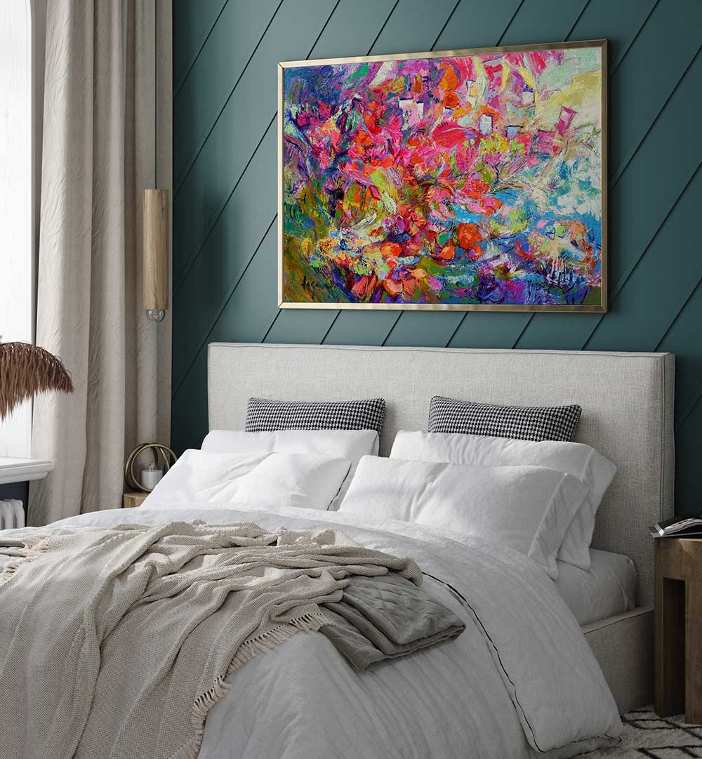Bedroom with LUMINOUS PETAL CASCADE , FLORAL FLOWER PAINTINGS vibrant pastel floral painting above upholstered bed