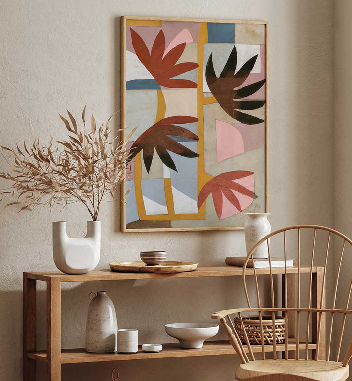 Modern living room featuring FLOWER SAFARI, FLORAL FLOWER PAINTINGS with abstract leaves and warm earthy tones.