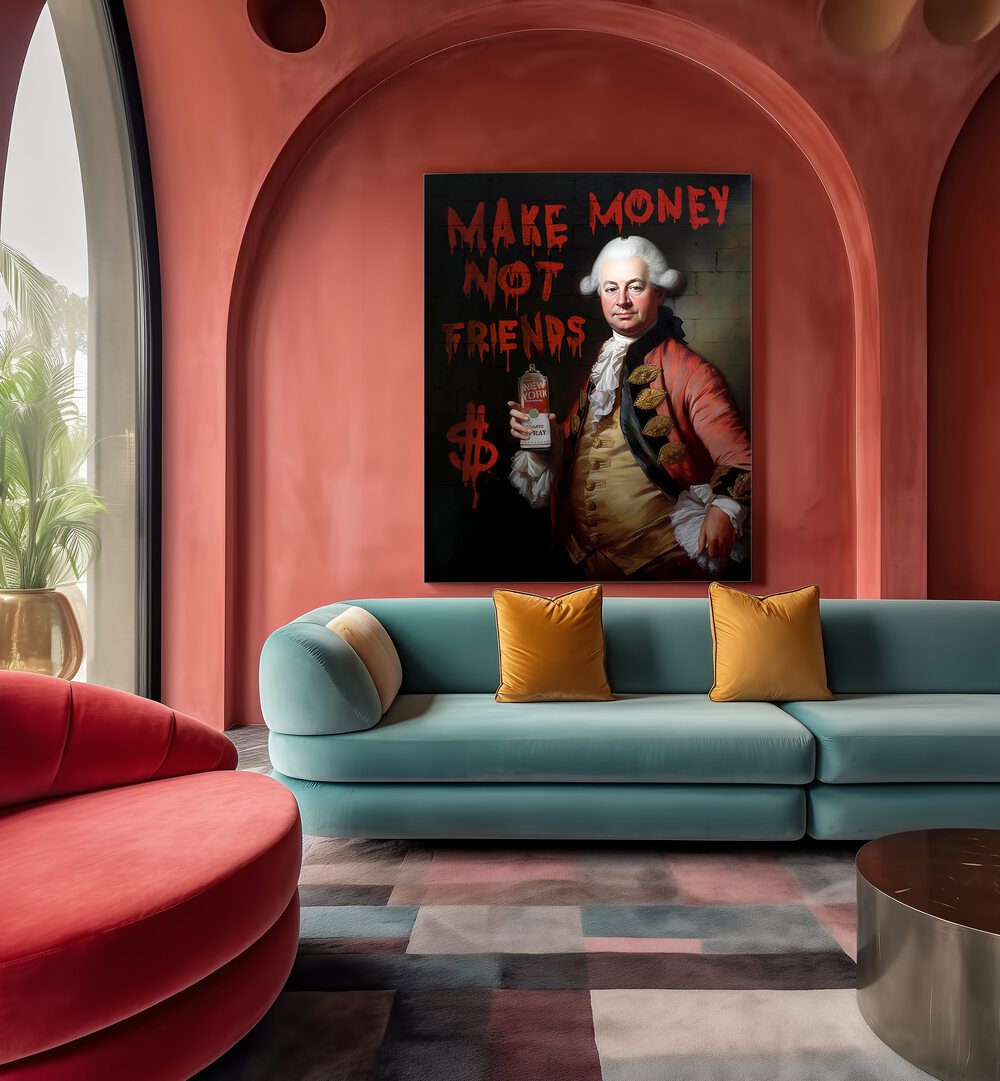 Bold "MAKE MONEY NOT FRIENDS, ALTERED ART PRINTS" by Dikhotomy adds ambition and style to any modern living space.