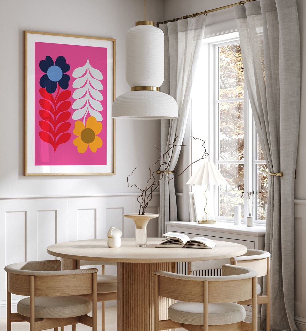Bright and elegant FLOWERS PINK, FLORAL FLOWER PAINTINGS enhance this stylish dining area with vibrant color.