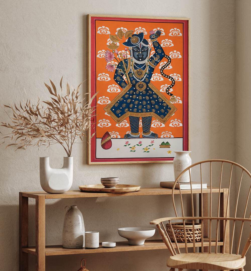 Vibrant SHRINATH JI, INDIAN ART PAINTINGS adorns a stylish interior, showcasing traditional craftsmanship and divine beauty.