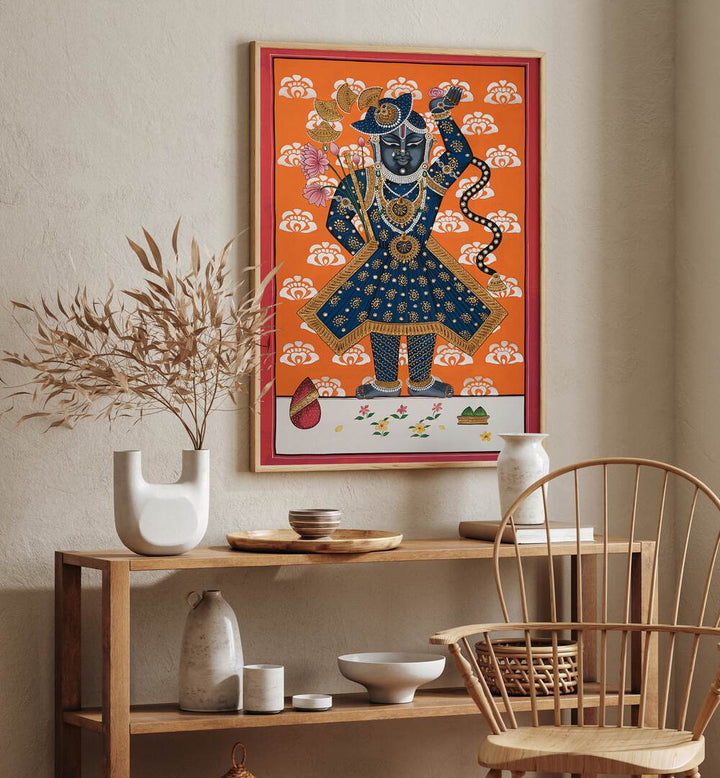Vibrant SHRINATH JI, INDIAN ART PAINTINGS adorns a stylish interior, showcasing traditional craftsmanship and divine beauty.