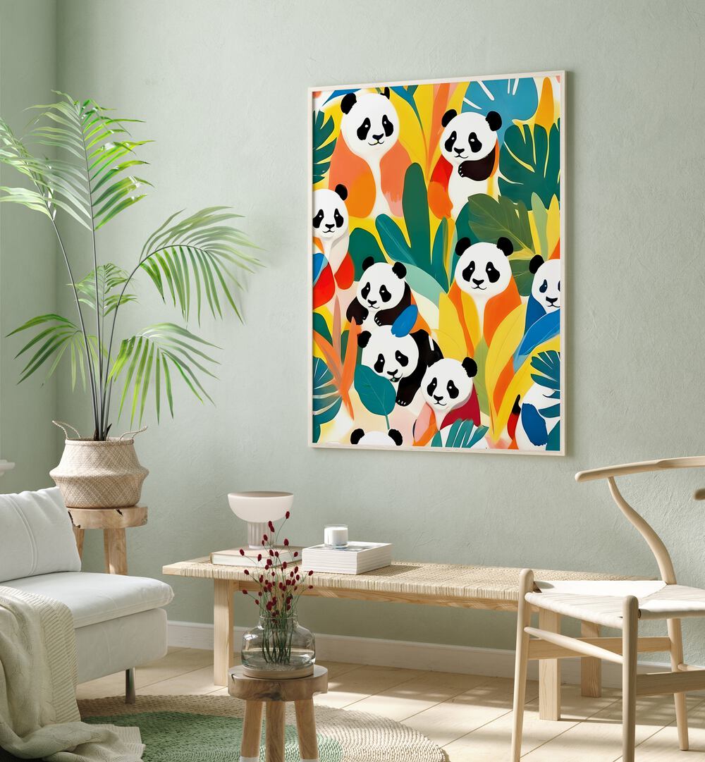 Colorful PANDAS A TROPICAL, KIDS ROOM PAINTINGS by Uma Gokhale brighten up any child's space with playful design.