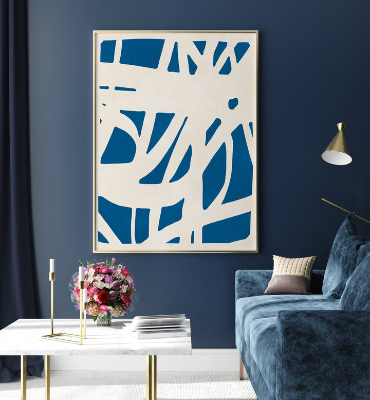Modern living room featuring EXPRESSIVE VIII, ABSTRACT PAINTINGS, showcasing vibrant blue and white design elements.