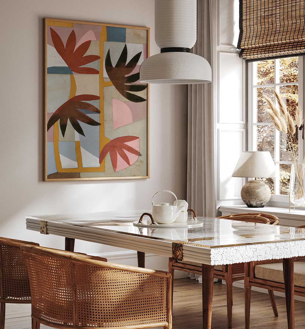 FLOWER SAFARI floral flower paintings with bold shapes and colors brighten a modern dining space with natural light.