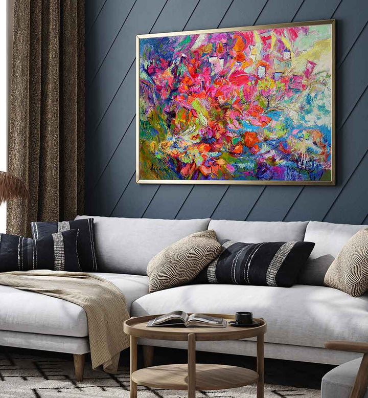 LUMINOUS PETAL CASCADE , FLORAL FLOWER PAINTINGS vibrant pastel floral canvas above gray sofa in styled living room