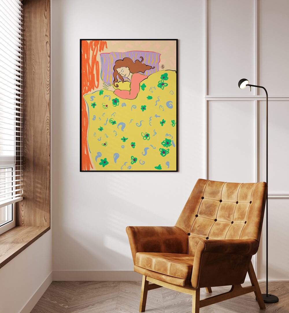 Bright artwork titled "SLEEPING IN, VIBRANT" adds energy and creativity to your space, perfect for any room.