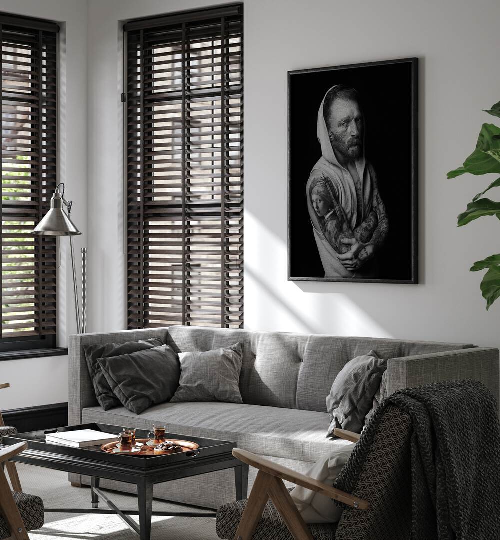 Stylish living room featuring VAN GOGH TATTOO, ALTERED ART PRINTS on the wall, blending classic art with modern design.