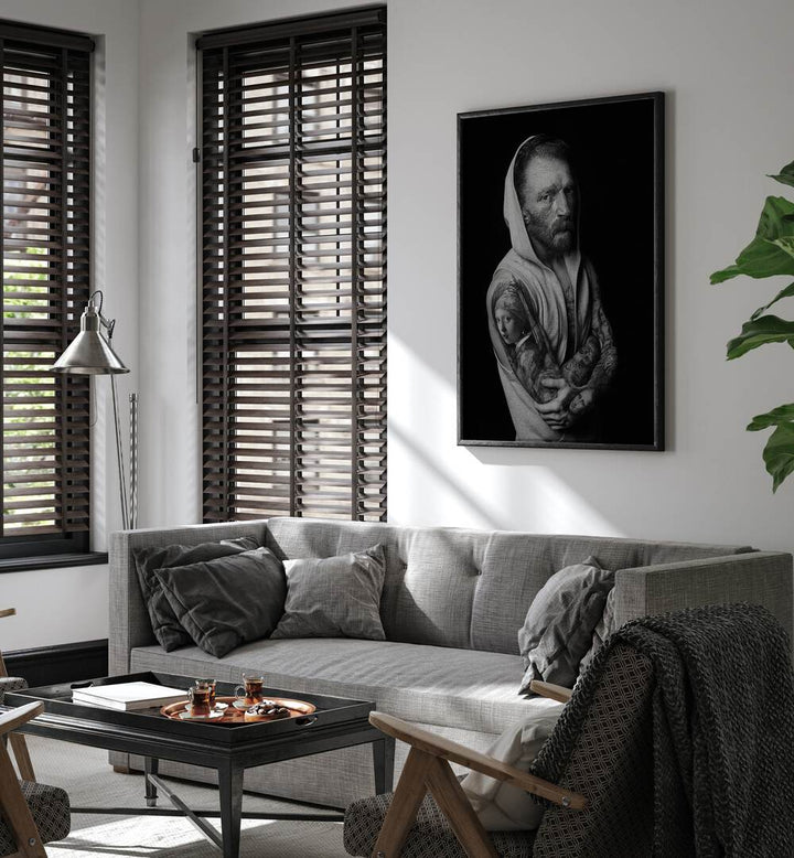 Stylish living room featuring VAN GOGH TATTOO, ALTERED ART PRINTS on the wall, blending classic art with modern design.