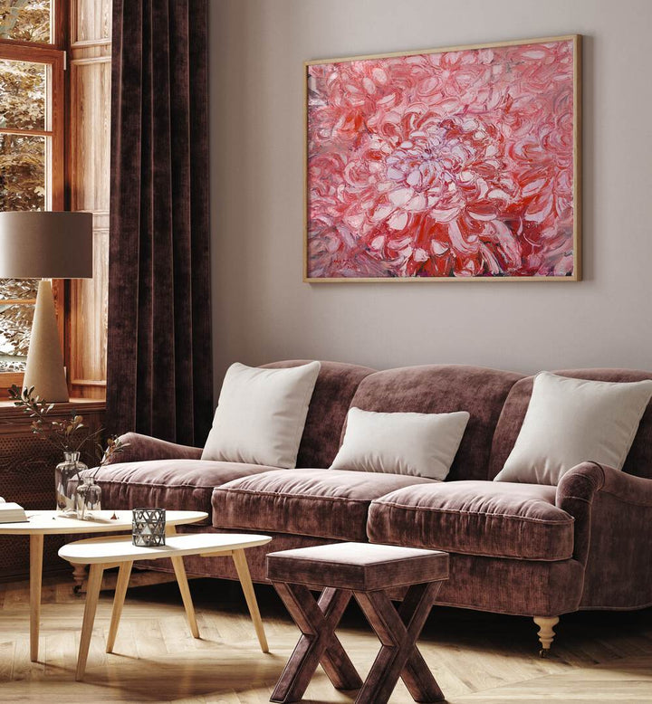 Vibrant CHRYSANTHEMUM CANVAS, FLORAL FLOWER PAINTINGS enhancing a cozy living room with pink tones and natural light.