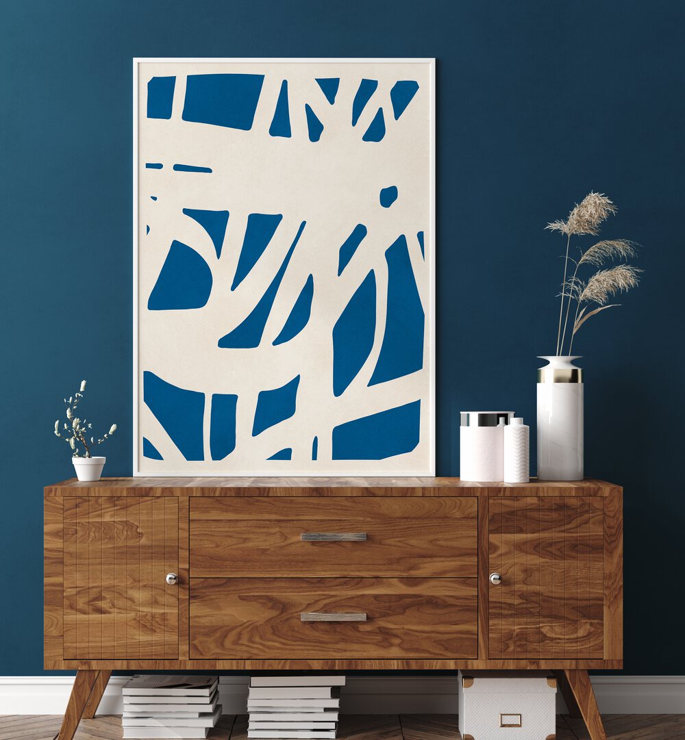 EXPRESSIVE VIII, ABSTRACT PAINTINGS, featuring bold blue shapes, adds artistic flair to any modern decor.