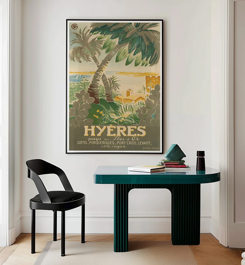 Elegant HYERES, VINTAGE TRAVEL POSTERS enhance your space, capturing the charm of Hyères, France’s coastal beauty.