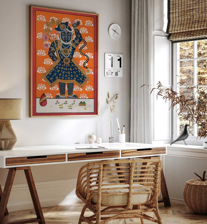 Vibrant SHRINATH JI , INDIAN ART PAINTINGS enhancing a stylish workspace with traditional Indian artistry.