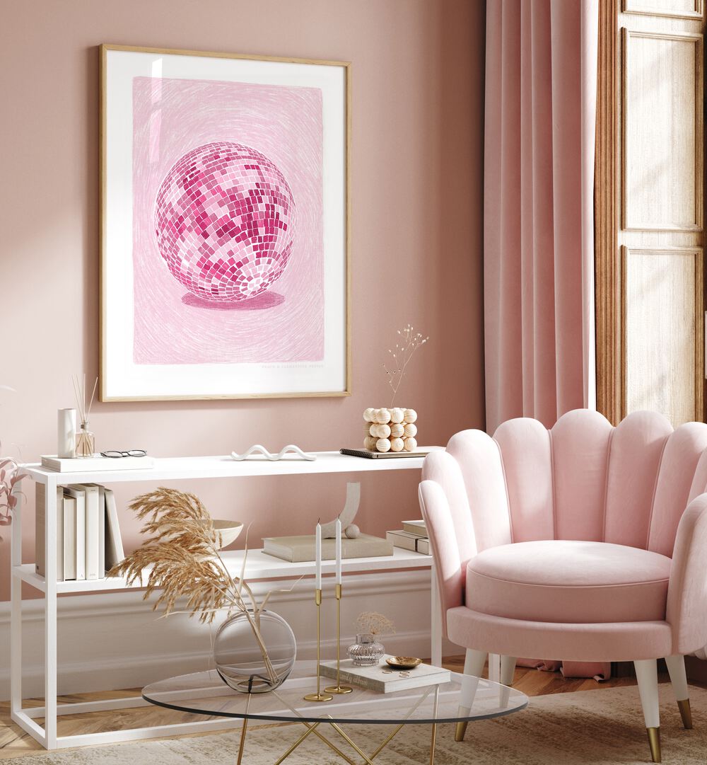 Stylish pink PANDC DISCO BALL fashion poster brightens up any room, adding vibrant flair to your space.