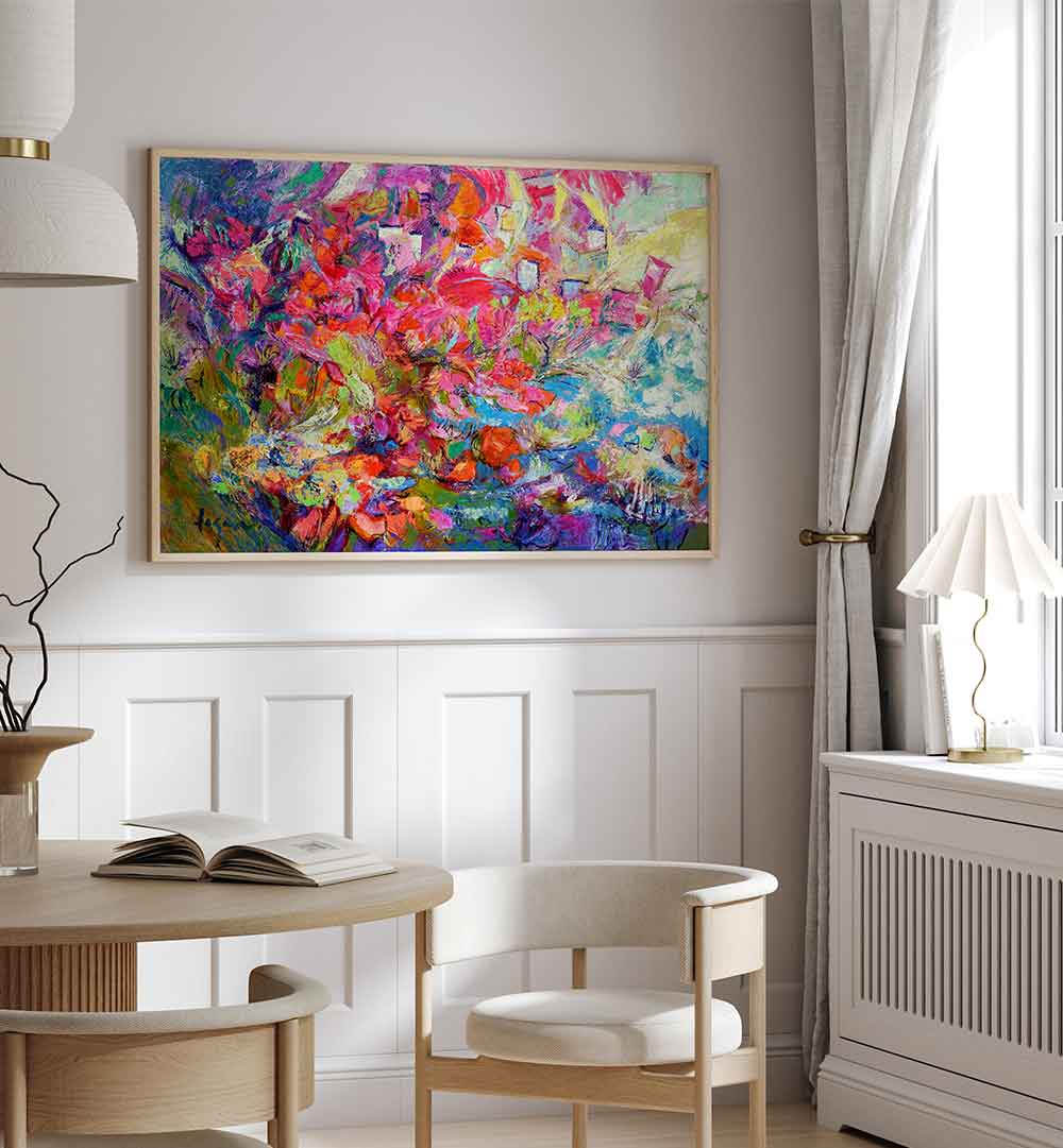 LUMINOUS PETAL CASCADE , FLORAL FLOWER PAINTINGS vibrant pastel floral painting above dining table in modern neutral room