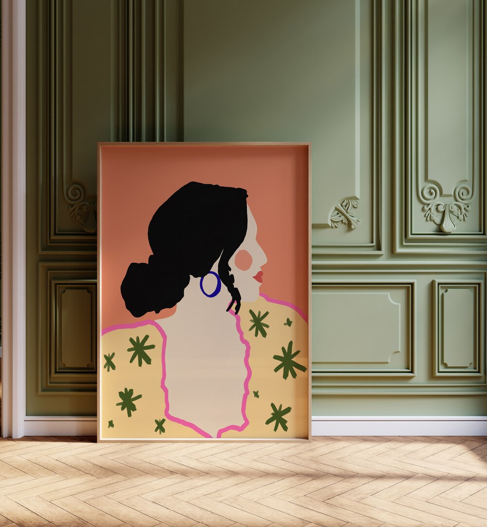 Colorful PROFILE, PORTRAITS artwork by Uma Gokhale capturing femininity and strength in a stylish interior setting.
