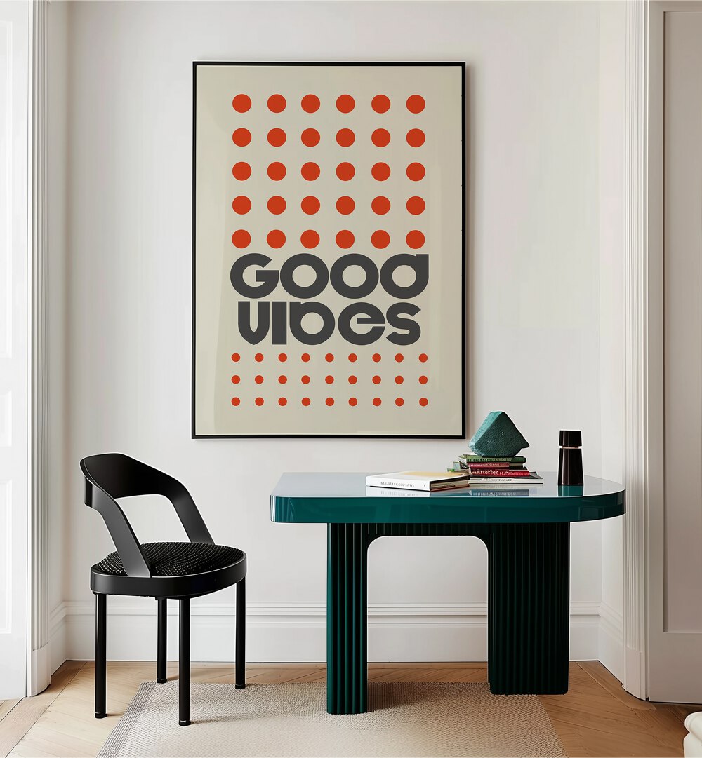 Vibrant GOOD VIBES ORANGE, QUOTES poster adds positivity to any space, uplifting moods with striking typography.