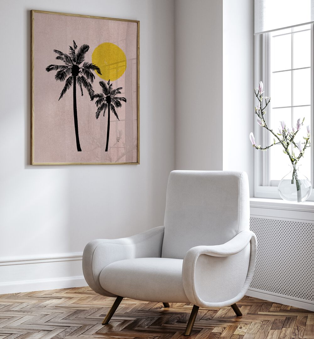Stunning PALM TREE, LANDSCAPE PAINTINGS in a cozy room, featuring a pink background and modern aesthetics.
