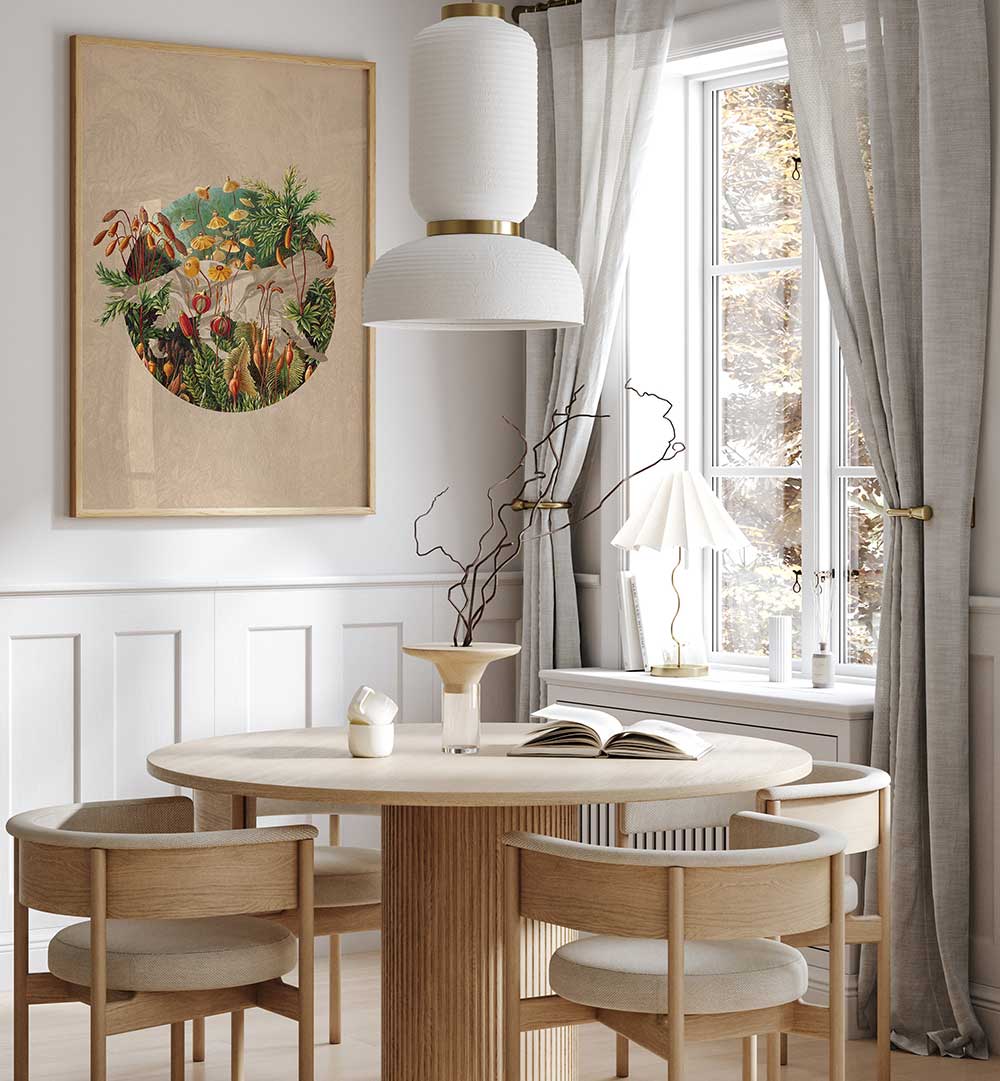 Elegant NATURE , FLORAL FLOWER PAINTINGS brighten a modern dining space, enhancing its natural charm and beauty.