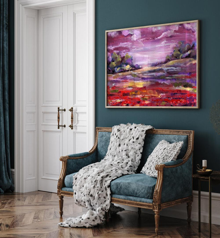 Elegant living room featuring PURPLE LANDSCAPE PAINTINGS that enhance the serene atmosphere with rich hues.